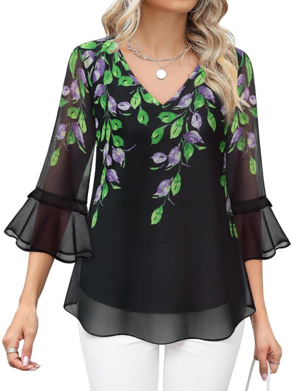 Women's Tops Black Casual Ruffle 3/4 Sleeves V Neck Floral Chiffon Blouses